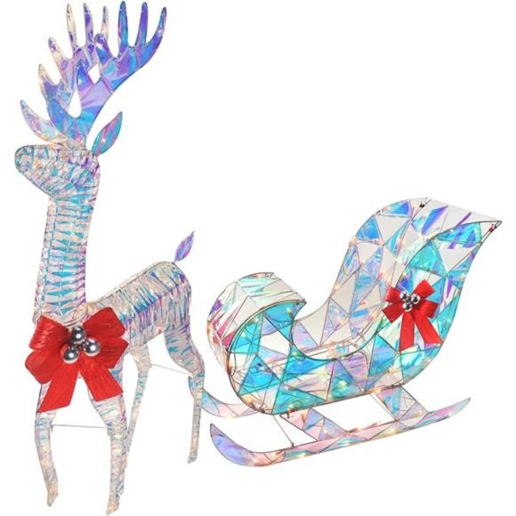 Iridescent Christmas Reindeer and Santa Sleigh Set (4ft w/ 140 Lights) - Picture 1 of 6
